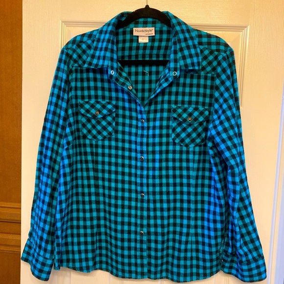 Buffalo Plaid Flannel Shirt, Snap Front, Long Roll-Tab Sleeves by North Style - Picture 3 of 6